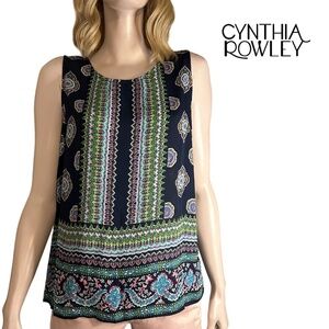 Cynthia Rowley Blouse Top Tank Tunic Sleeveless Colourful Back Button Close